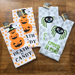 Halloween Druck Mehlsack Küchentücher. 4er Set. Spinne & Kürbisse - Bild 1 von 2