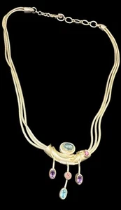 Artisan Sterling Silver Multi Gemstone Three Strand Necklace Mid Century Modern - Picture 1 of 8