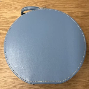 Vintage Blue Travins Hat Box Round Zippered Travel Luggage Case with Mirror - Picture 1 of 13