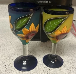 2er Set Kobaltblau Mexikanischer Handbemalter Weinkelch Gelbe Sonnenblume 8 Zoll - Bild 1 von 1