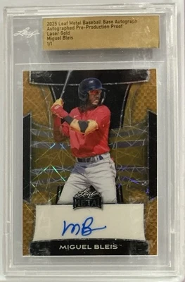 🔥Miguel Bleis⚾️2025 Leaf Metal Pre-Production Proof Laser Gold Auto 1/1 Bos🔥 - Image 1 of 2
