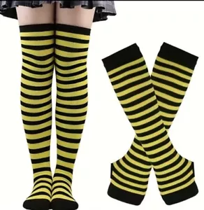 Black & Yellow Striped Fingerless Gloves & Thigh High Over The Knee Socks Set - Picture 1 of 4