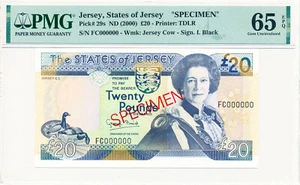 States of Jersey Jersey 20 Pounds ND(2000) Specimen PMG 65EPQ - Picture 1 of 2