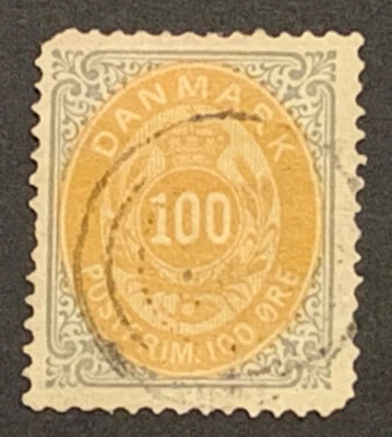 Sellos de viaje: estampillas de Dinamarca Scott #34 100ø gris/amarillo usadas NG Foto 1 de 4