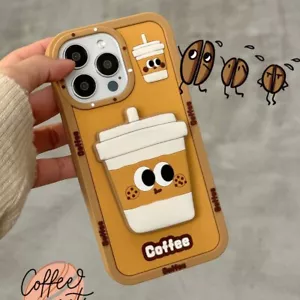 Cute Soft Silicone Coffee Bracket Phone Case Cover For iPhone 1314/15/16 Pro Max - Picture 1 of 5