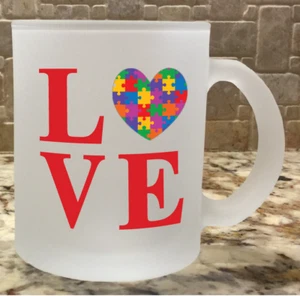 Frosted Glass Coffee Tea Mug Cup 10 oz Custom Love Autism Awareness Custom New - Picture 1 of 3