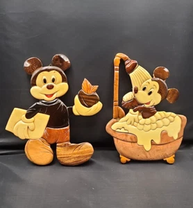 Set 2 Appendiabiti da Parete Vintage Topolino in Legno Intarsiato Scuola e Bagno Tempo - Foto 1 di 2