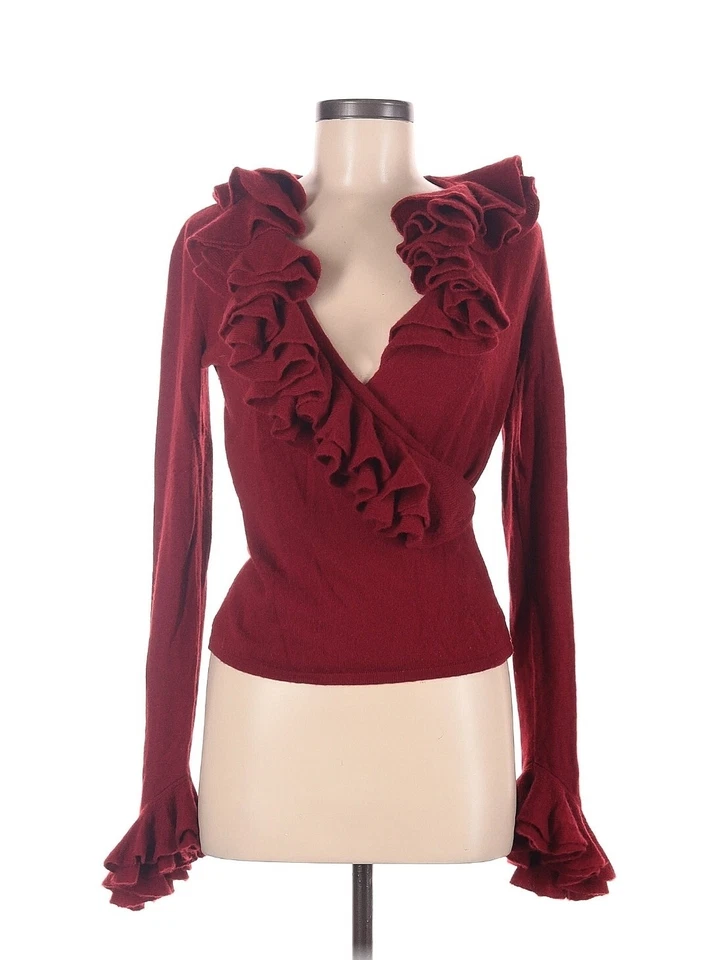 Suéter envolvente rojo jugoso Ralph Lauren Black Label 100 % cachemira con volantes cuello puño M Foto 1 de 4