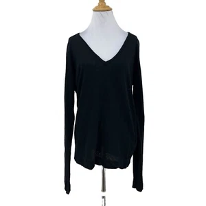J Brand V Neck Tee Women S Small Black Long Sleeve Linen Cotton Lightweight - Picture 1 of 12