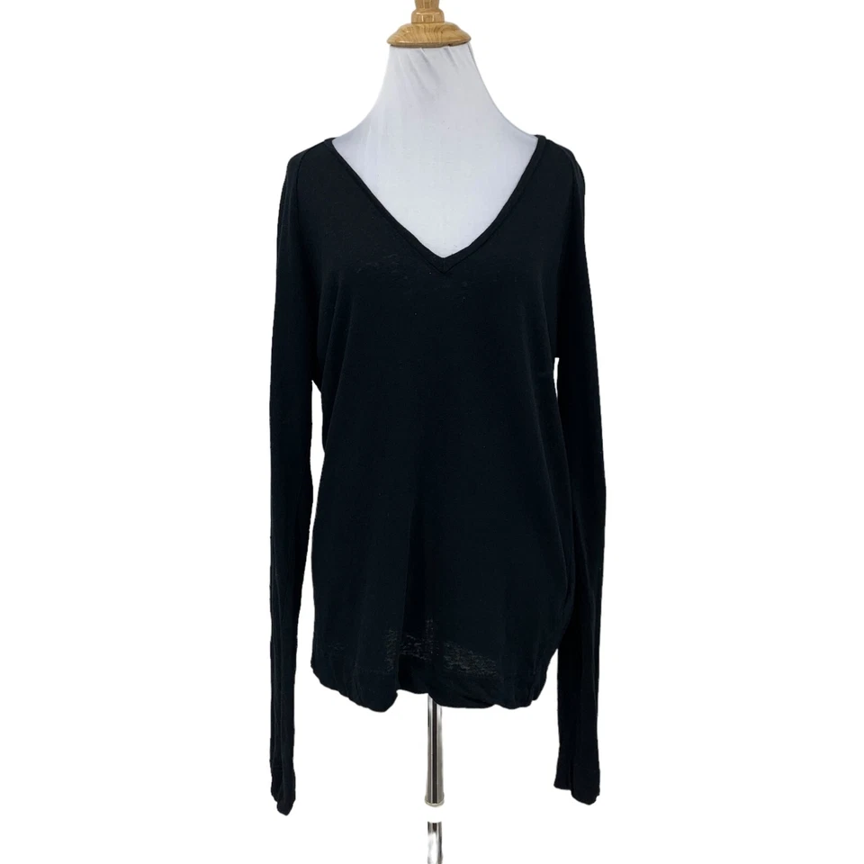 Camiseta para mujer J Brand cuello en V pequeña negra manga larga lino algodón ligera Foto 1 de 4