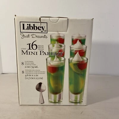 Libbey Just Desserts 8 Mini Parfait Glass Dessert Glasses 2oz & 8 Spoons In Box - Image 1 of 4