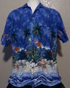 KY's Herren Gr. XL blau tropisch Ara Papagei Surfbrett Blumen Hawaiihemd - Bild 1 von 7