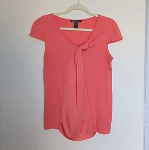 Large Cap-sleeved Coral MNG Long Torso Blouse with Decorative Knotted Neckline - Picture 1 of 4