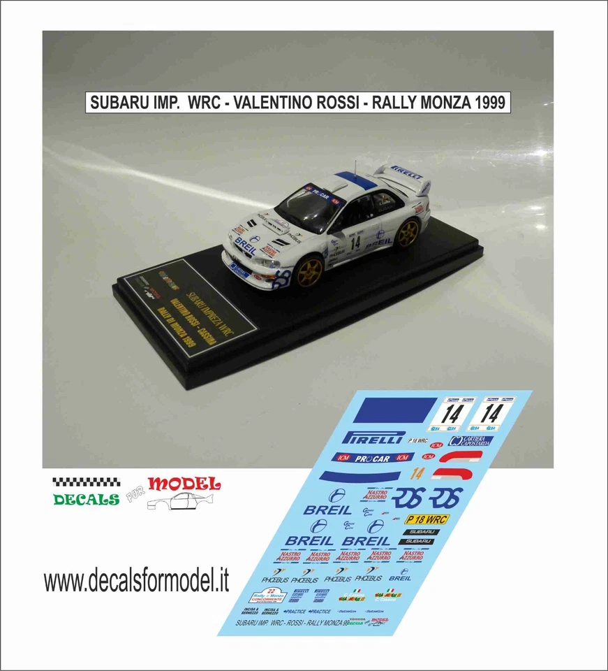 DECALS 1:43 SUBARU IMPREZA WRC VALENTINO ROSSI RALLY MONZA 1999 - Immagine 1 di 1