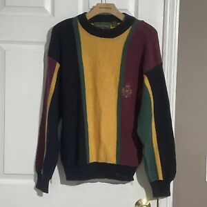 VTG HUNTING HORN Sweater Mens Small Knit Colorblock Stripes Pullover Multicolor