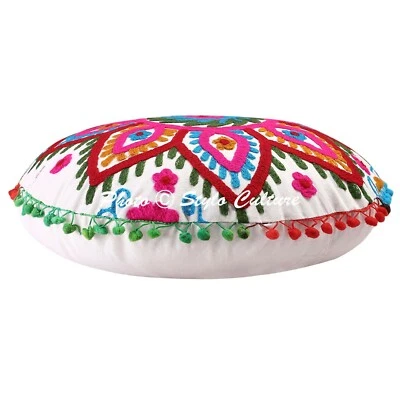 Seat Pillow Round Embroidered Suzani Floor Cushion Cover Indian Cotton 18" - Image 1 of 4