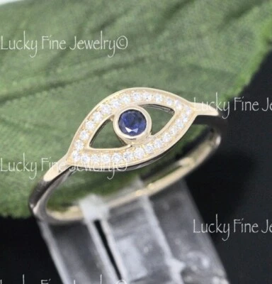  14k Yellow Gold Ladies Natural  Blue Sapphire Diamond Ring Evil eye Ring 0.26ct - Image 1 of 4