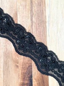 35mm Stretch Lace Trim Beaded Sequin, Black x 4.5 Metres - Picture 1 of 6