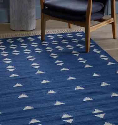 Blue Wool Kilim Rug Handwoven Geometric Modern Carpet Living Room Bedroom Rugs - Image 1 of 4
