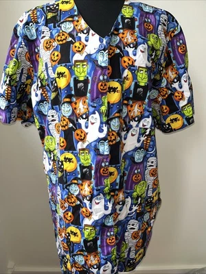 Peaches Uniform Halloween Themed Colorful Print Scrub Top With Three Pockets XL - Image 1 of 4