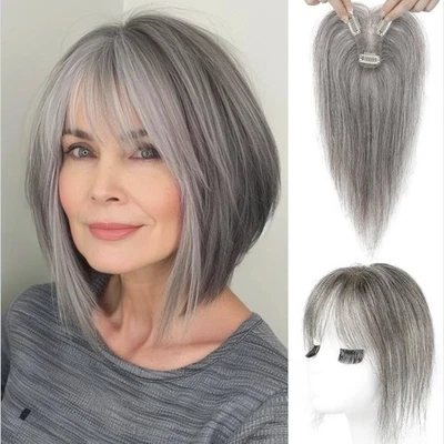 Topper de cabelo humano real Reecho CINZA ESCURO 10 polegadas com presilha de franjas na peça de cabelo NOVO - Imagem 1 de 4