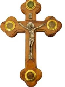 Olive Wood Cross Crucifix Holy Land Bethlehem Jerusalem 4 Essences Handmade 7x5 - Picture 1 of 9