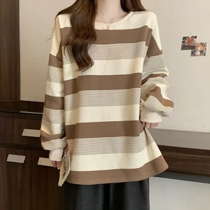 Ladies' Fashionable Casual Round Neck Striped Loose Long Sleeved Top - Picture 1 of 22
