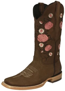 Womens Western Cowboy Boots Light Brown Square Rose Embroidery Dama Bota Vaquera - Picture 1 of 5