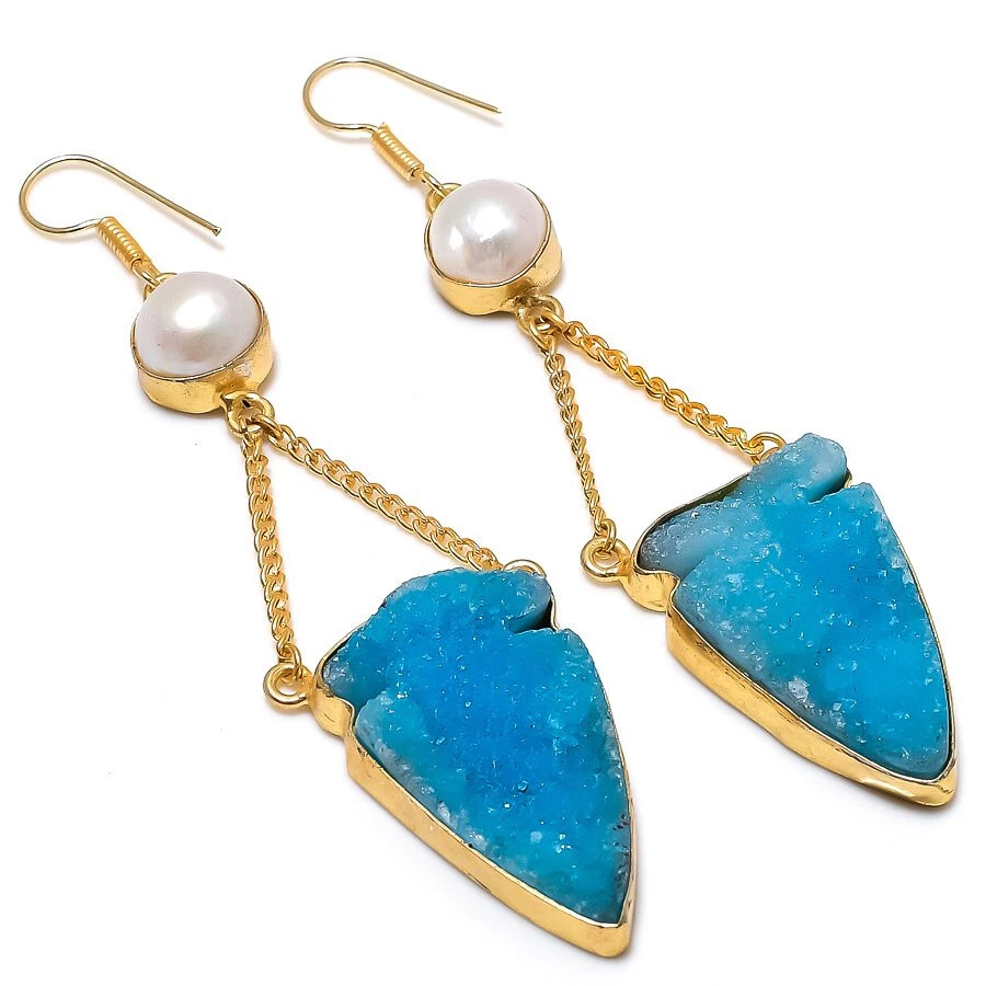 Blue Titanium Druzy Pearl Gemstone Brass Earrings Dangle Jewelry 3" - Image 1 of 1