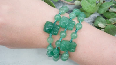 Handmade Adjustable Green Aventurine Hello Kitty Crystal Macrame Bracelet Girls - Image 1 of 4