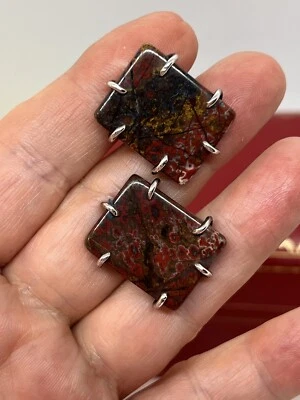 Vintage Art Deco Sterling Silver Brecciated Red Jasper Gemstone Cufflinks - Image 1 of 4