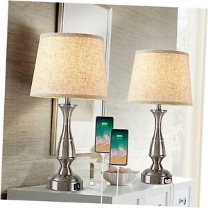 Tall Rustic Table Lamps with 2 USB Charging Ports, 3 Ways Nickel Set of 2