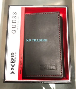 GUESS 110027 Genuine TRIFOLD Leather Wallet with Valet RFID Protection ~ BLACK  - Picture 1 of 5