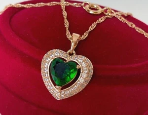 Luxus Halskette Herz Anhänger Collier Zirkonia Grün 750 Gold 18K vergoldet Damen - Bild 1 von 8