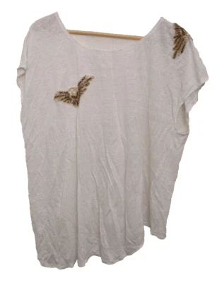 Wrap Linen Top - White with Gold/Bronze Metallic Detailing - Size 20  - Image 1 of 4