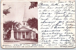 POSTCARD SOLDIERS MONUMENT & CONGREGATIONAL CHURCH MYSTIC CONNECTICUT - 1905 - Picture 1 of 2