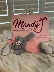 Hand Knitted Pink Sleeping Cuddly Bunny Rabbit Toy - Baby Gift - Easter Gift - - Picture 1 of 3