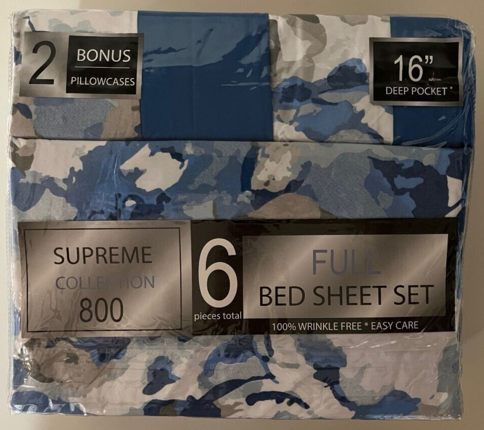 SUPREME 800 COLLECTION FULL SIZE SHEET SET WITH 4 PILLOWCASES, BLUE FLORAL