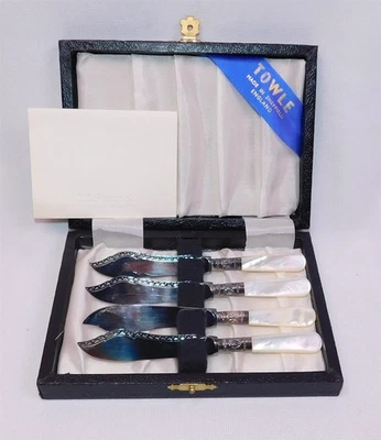 4 Cuchillos de Frutas Towle Sheffield England Hojas Plateadas Mango de Madreperla Foto 1 de 4
