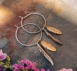 Boho Feather Charm Silver And Gold HOOP EARRINGS BOHO FESTIVAL HANDMADE - Picture 1 of 3