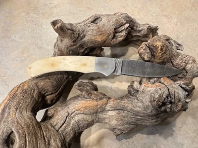 Big Damascus folding blade knife w/ White Bone handle - Image 1 of 4