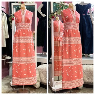 Maxi Vestido Vintage Años 60 70 Rosa Blanco Sin Mangas Anfitriona Retro Mod Coral S Foto 1 de 4