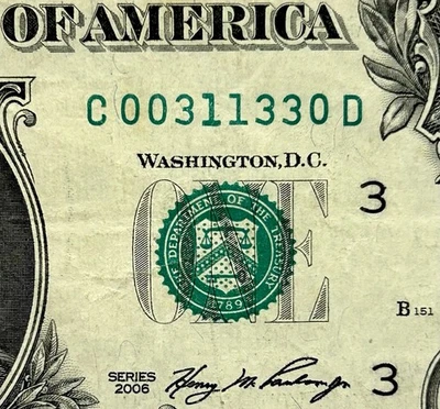 00311330 - Fancy Low Serial - 2006 $1 Bill Federal Reserve Note - Image 1 of 3