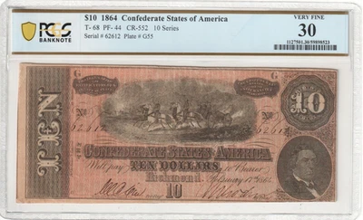T-68 1864 $10 Estados Confederados Serie 10 PCGS Muy Fino 30 Bonito ROJO Foto 1 de 2