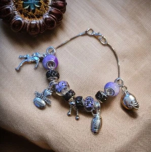 Football Charm Bracelet Baltimore Ravens Colors Silver 6.5"-8" Adjustable - Picture 1 of 4