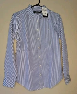 Women's Lauren Ralph Lauren Blue Striped Long Sleeved Shirt Small Petite - Picture 1 of 15