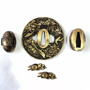 Super A Set Brass Tsuba Menuki Fuchi Kashira For Japanese Katana Sword Wakizashi - Picture 1 of 6