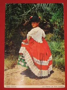Postcard folk costume, La Palmas Gran Canaria, Mexico Olympics stamp, Spain 1968 - Picture 1 of 5
