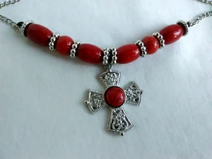 24" Religious Christian Beaded Cross Pendant Necklace Silver Tone - Picture 1 of 6