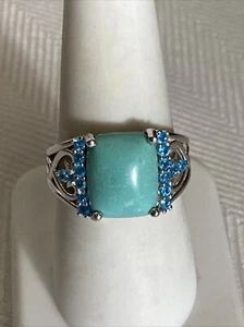 DK Signed Beautiful Sterling Silver Green Turquoise Neon Apatite Ring Size 8 - Picture 1 of 8